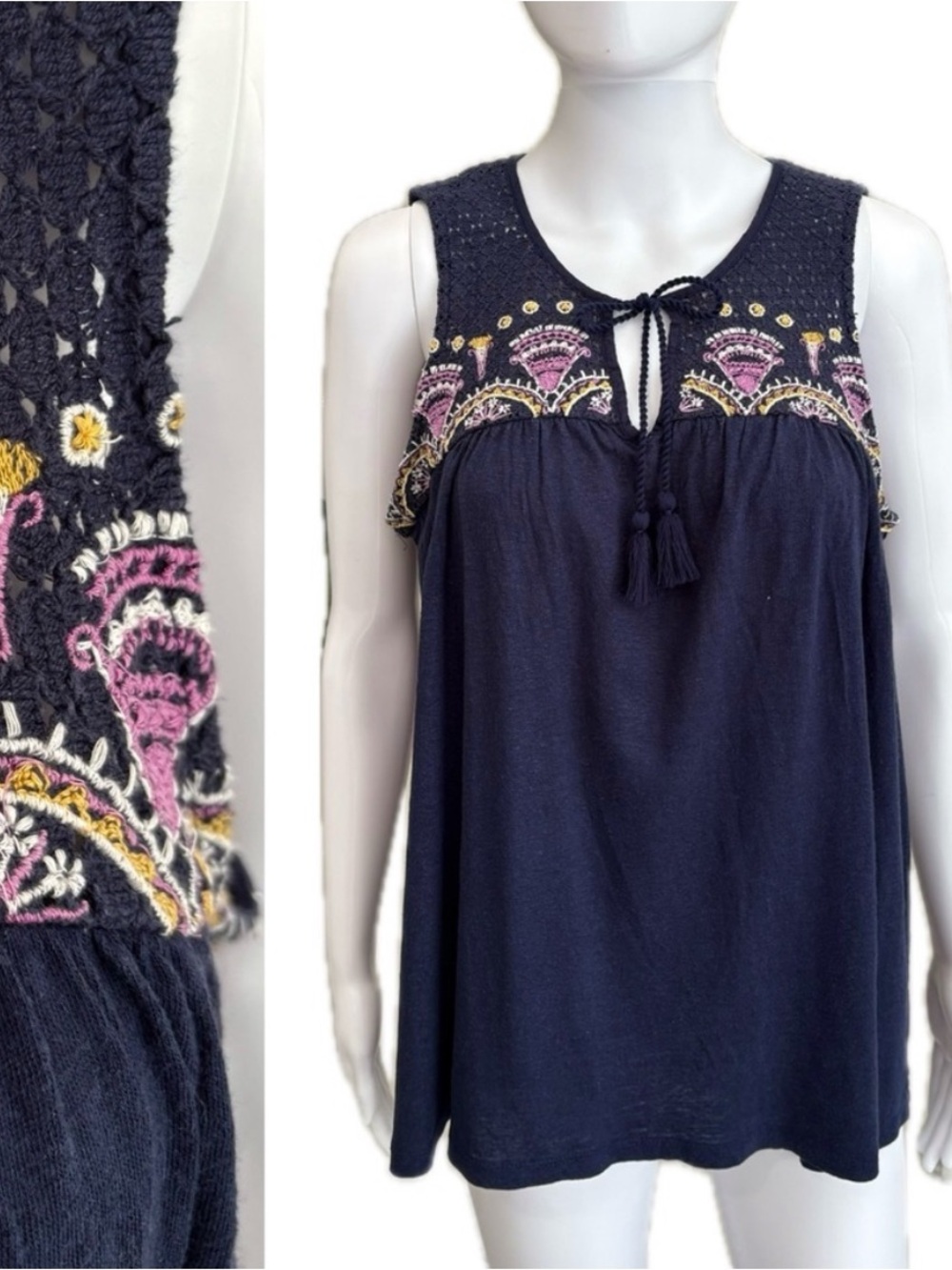 Anthropologie Akemi + Kin Crochet Williston Embroidered Tank Womens Size M Navy - Picture 13 of 14